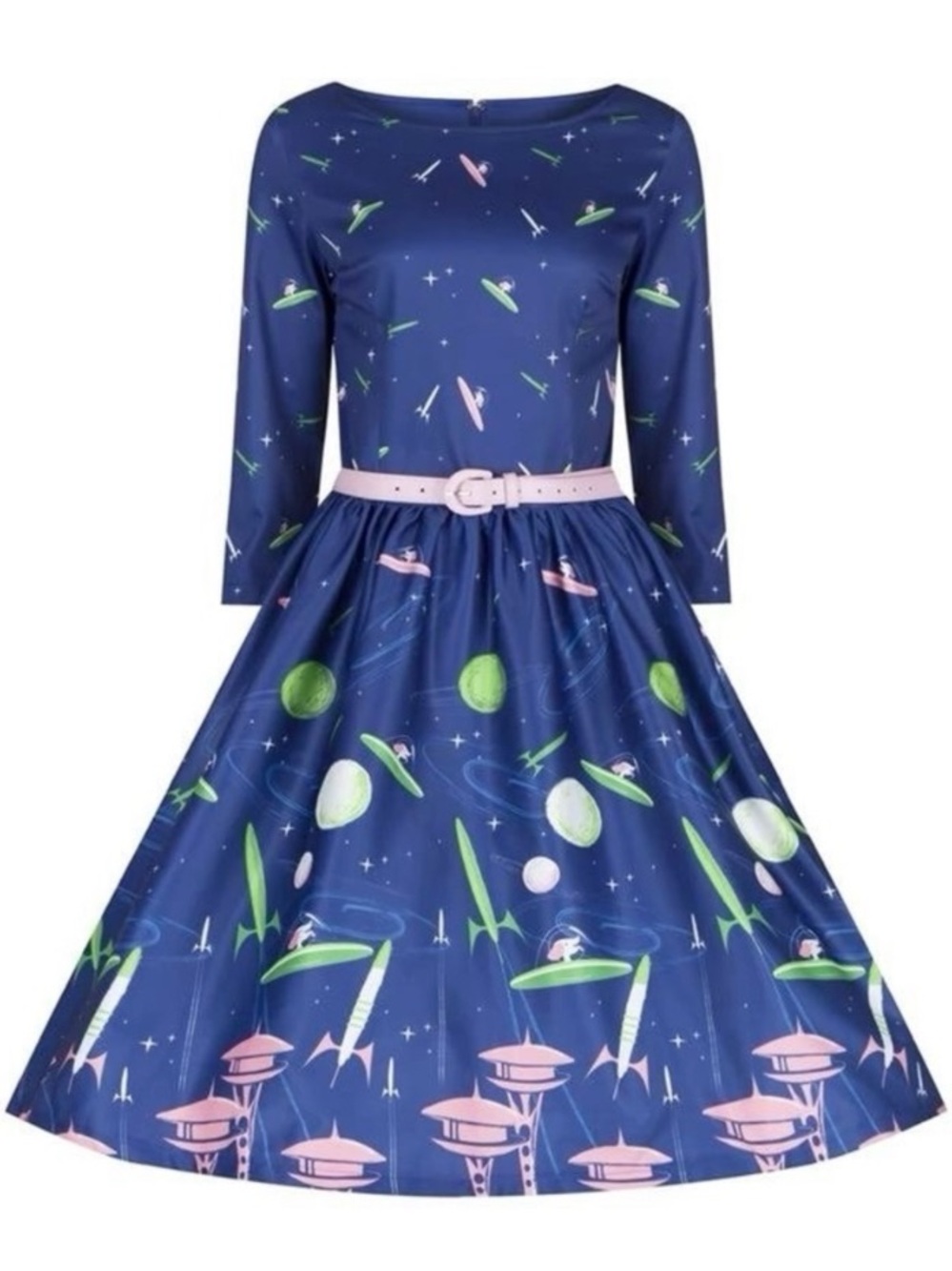 Lindy Bop Holly Space Dog Dress size 4 Blue Belt